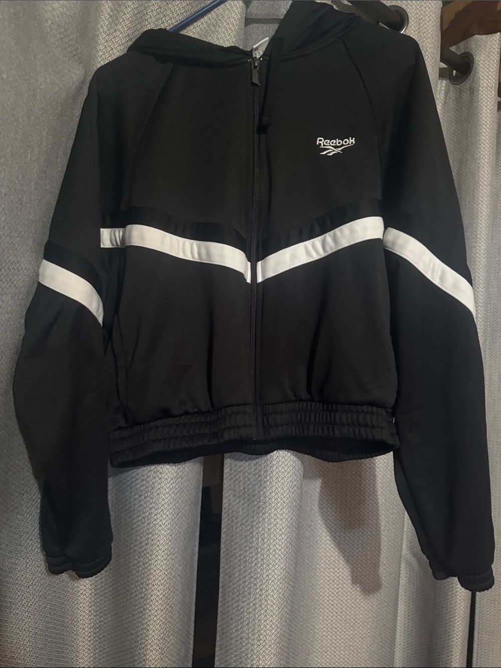 Reebok Black Hooded Bomber Jacket with White Stripe